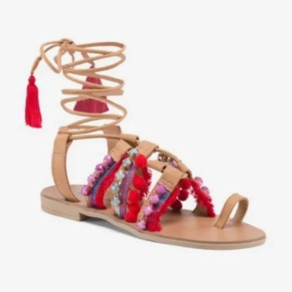 BARBARA Barbieri Lace Up Tassel Studded Pom Pom Strappy Sandals